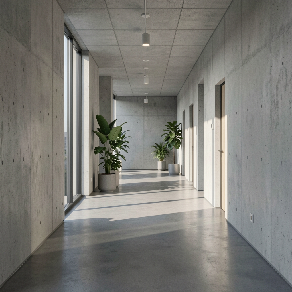 Clean minimalist office corridor with concrete walls, large windows casting long shadows on a polished floor, plants in the background, calm and ordered atmosphere