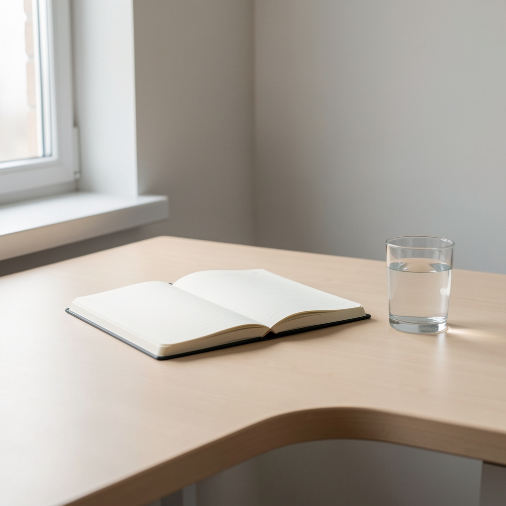 Clean minimal desk with an open notebook, a glass of water, and diffused natural light from a nearby window, calm and organised workspace atmosphere