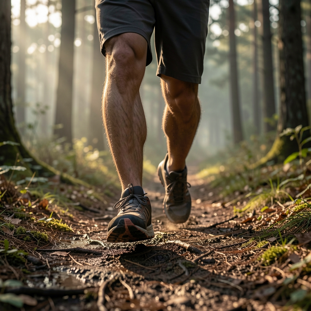 Close-up of human legs mid-stride on a forest path in the early morning, low light, footwear visible on uneven terrain, calm natural setting without equipment